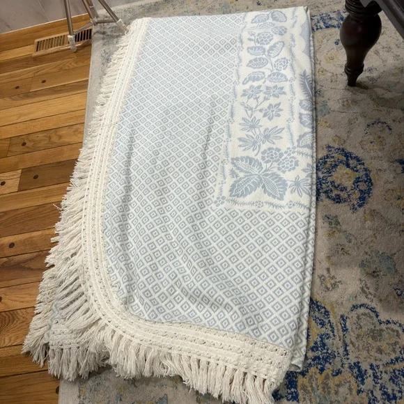 COTTON WOVEN KING BLUE CREAM 6” FRINGE MEDALLION BEDSPREAD 115x115” - Picture 8 of 8